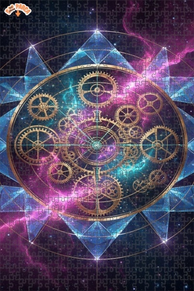 Teona Ahşap Steampunk Cosmic Wheels Oil Painting Look Double-Layer Framed Woo...