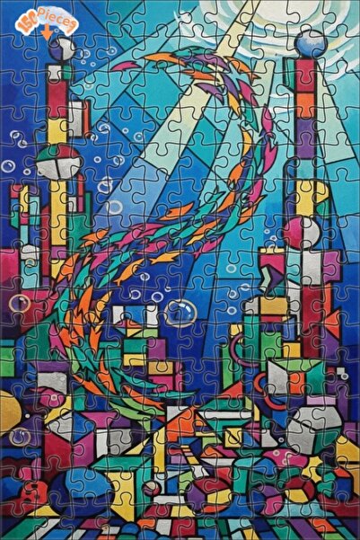 Teona Ahşap Colorful School of Fish Modern Art Look Double Layer Framed Woode...