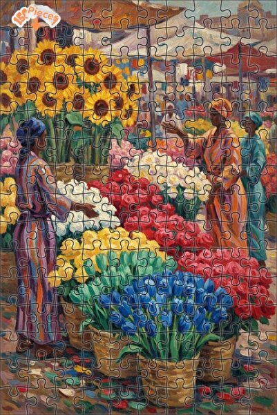 Teona Ahşap Flower Market Oil Painting Look Wooden Puzzle Double Layer Framed...