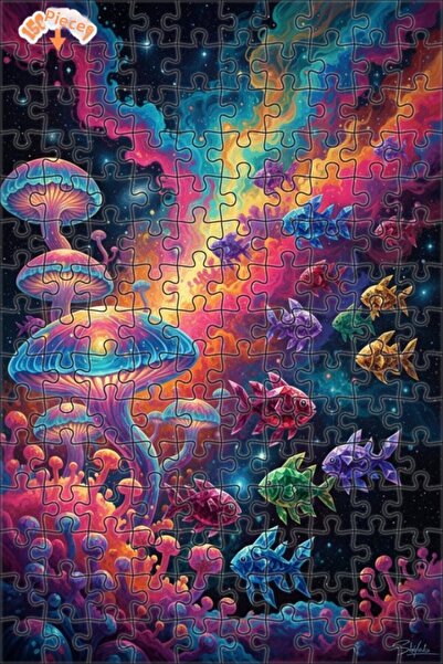 Teona Ahşap Colorful Cosmic Mushrooms and Crystal Fishes Oily Double-Layer Fr...