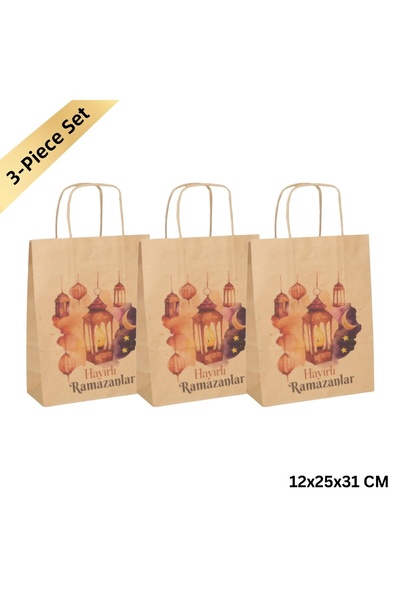 roco paper حقيبة تغليف هدايا رمضان، عبوة من 3 قطع، مجموعة حقائب ورقية كرافت ب...
