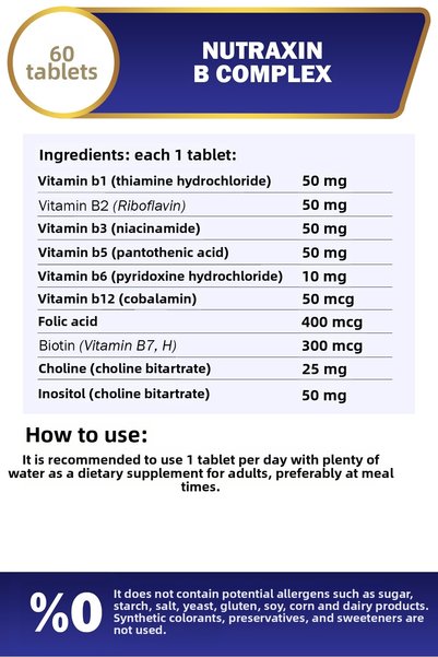 Nutraxin Vitamin B Complex - 60 Capsules Food Supplement ContaininG B1, B2, B3, B5, B6, B12