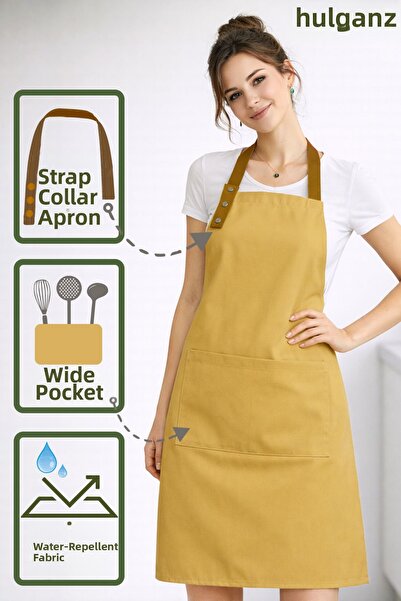 Hulganz Kitchen Apron Stain Resistant Water Repellent Fabric Mustard Yellow A...