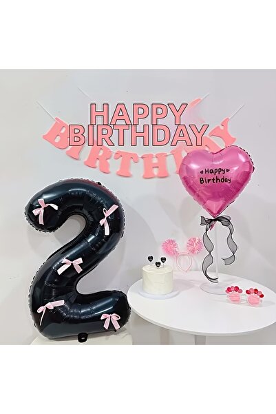 PartyPoo بالون فويل أسود اللون على شكل رقم 1 مقاس 76 سم مع فيونكة وردية - ديك...