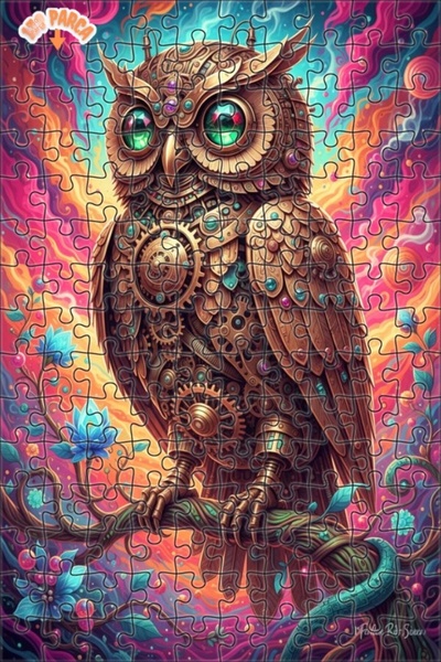 Teona Ahşap Mechanical Owl Patterned Oil Painting Look Modern Double-Layered ...