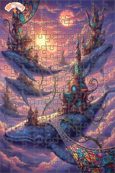 Teona Ahşap لغز فني على شكل لوحة زيتية لمناظر مدن خيالية على شكل حيتان السماء...