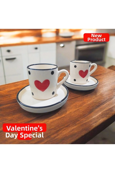 Ganita home Coffee Cup for 2 Persons 4 Pieces Heart & Polka Dot Double Size