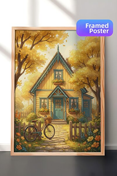 Zestia Tablou de perete cu ramă din lemn Ilustrație caldă și colorată cu curt...