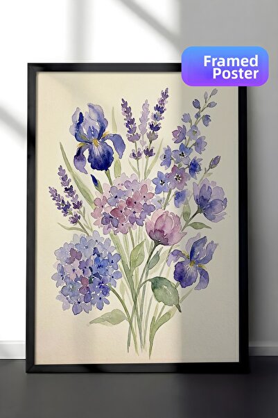 Zestia Tablou de perete înrămat negru, buchet de primăvară cu mov, lavandă și...