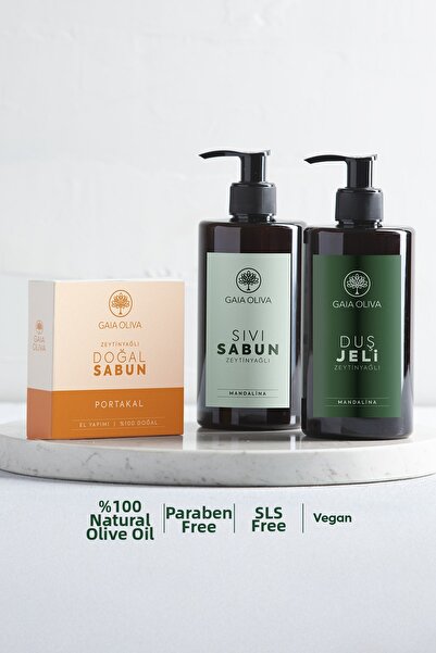 Gaia Oliva Natural Care Set of 3 - Liquid Soap, Shower Gel and Orange Soap