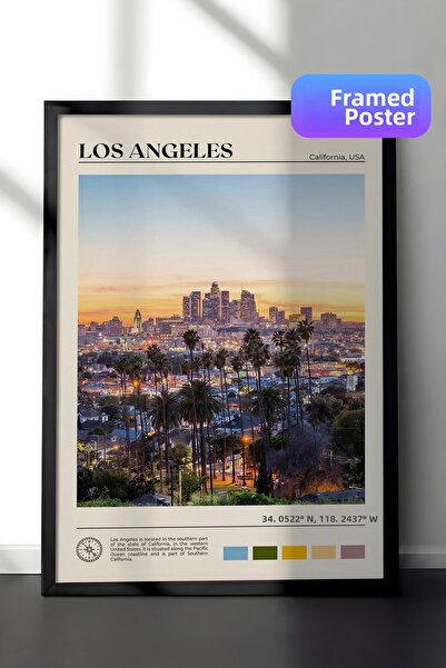 Zestia Pictură de perete înrămată în negru, peisaj urban Los Angeles, decor p...