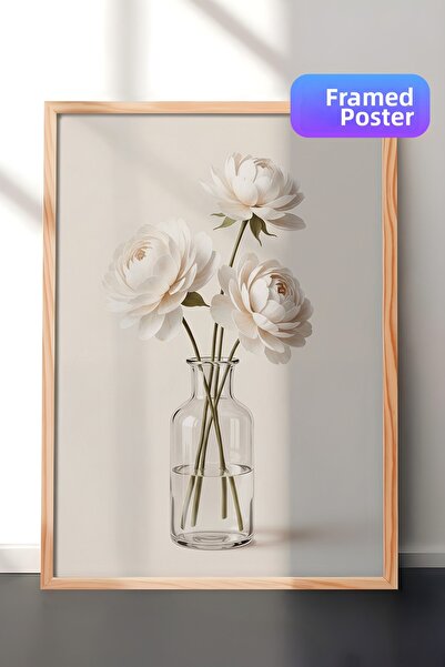 Zestia Tablou de perete cu ramă din lemn, trei bujori albi în vază de sticlă,...