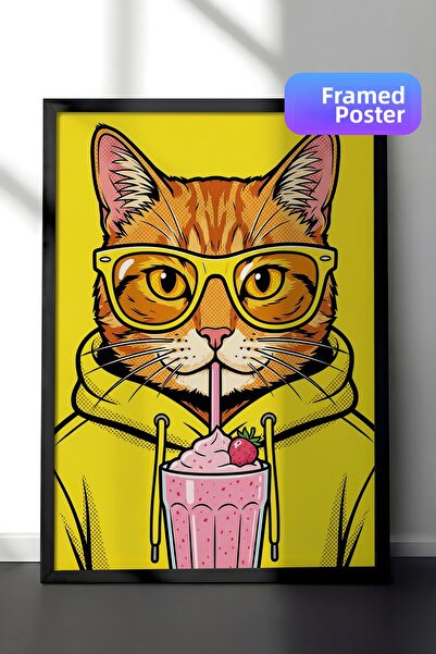 Zestia Black Framed Wall Painting Neon Yellow Pop Art Cat with Glasses Childr...