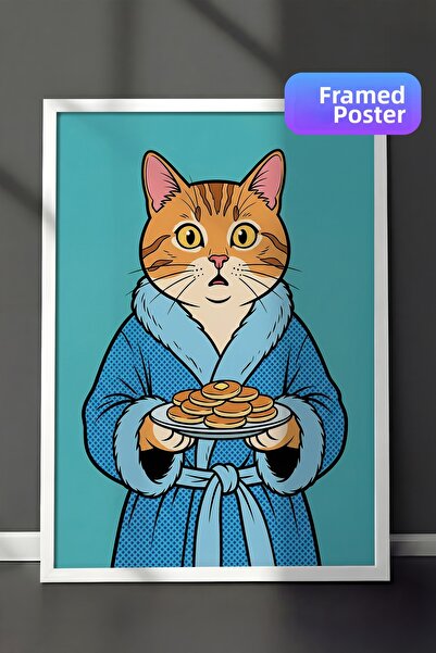 Zestia Pictură de perete înrămată în alb, cu pisică în halat albastru și ritu...