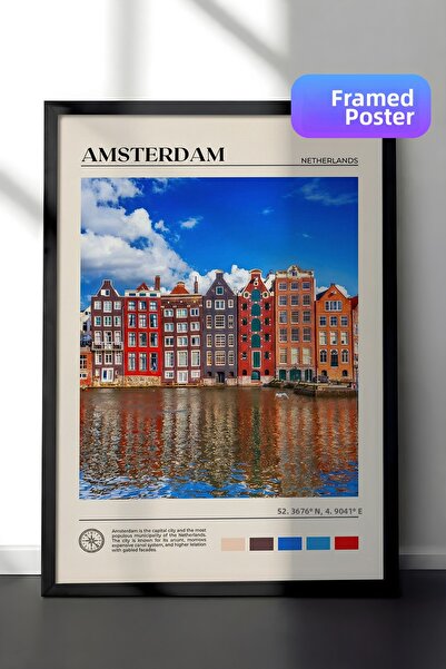 Zestia Pictură murală înrămată în negru, case de pe canalele Amsterdamului, p...