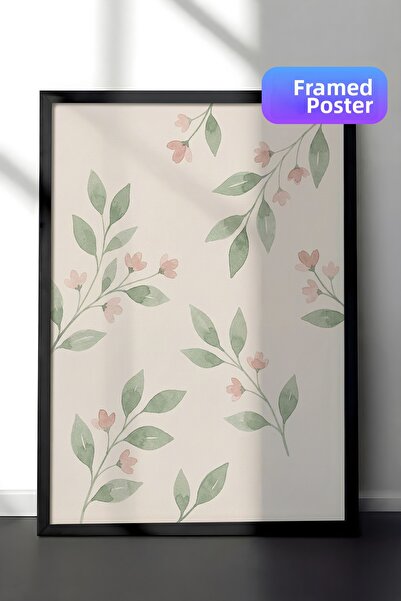 Zestia Pictură de perete înrămată în negru, frunze pastelate și flori pudrate...