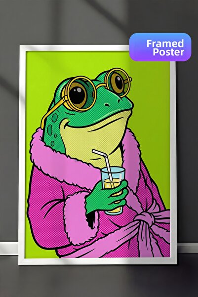 Zestia Pictură de perete înrămată albă, ilustrație Pop Art cu broască care be...