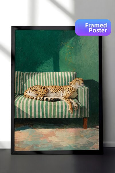 Zestia Pictură de perete înrămată în negru Ghepard leneș cu dungi verzi Decor...