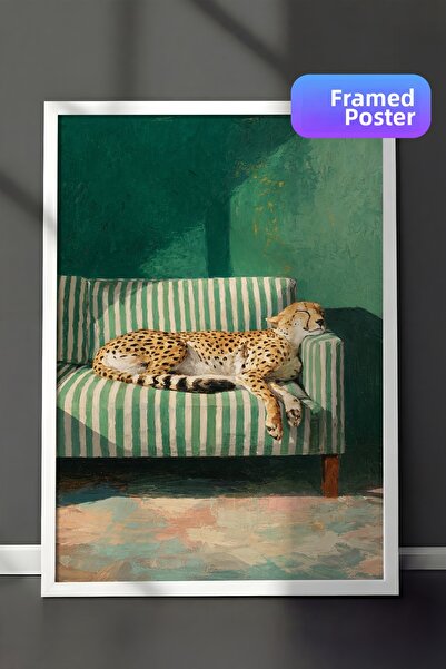 Zestia Pictură de perete înrămată albă Ghepard leneș cu dungi verzi Decor pen...