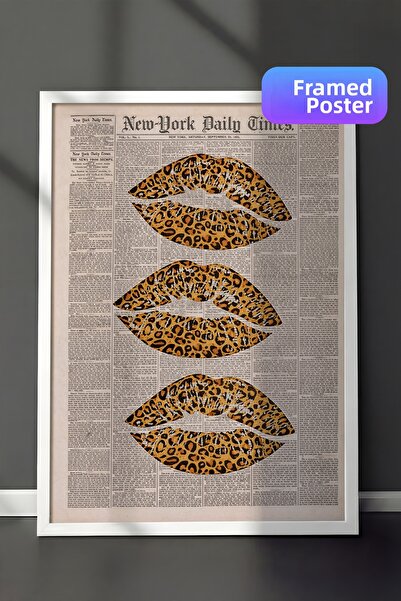 Zestia Pictură de perete înrămată albă, cu model leopard, buze, Pop Art, deco...