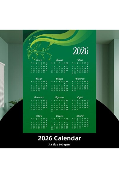 Fırsatkolik تقويم 2026 بريميوم A3 300 جرام طباعة رقمية باللون الأخضر