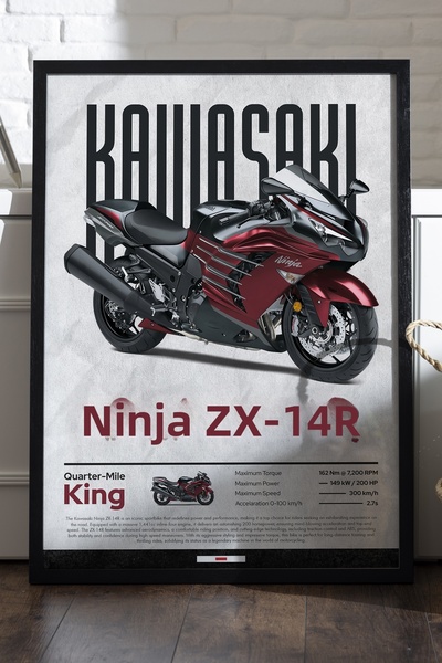 Duvarda Αφίσα Kawasaki Ninja ZX-14 R με μαύρο ξύλινο πλαίσιο, διακοσμητικός π...