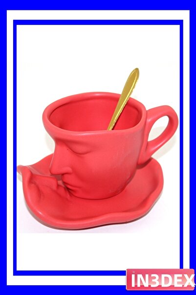 İN3DEX Red Face Patterned Porcelain Cup and Coaster Set
