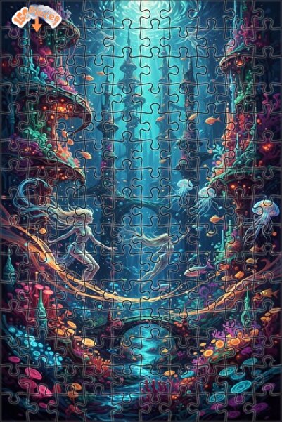Teona Ahşap Fantastic Undersea City Oil Painting Look Double Layer Framed Woo...
