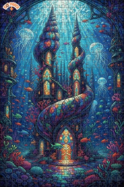 Teona Ahşap Magical Undersea Castle Stained Glass Art Looking Glass Double La...