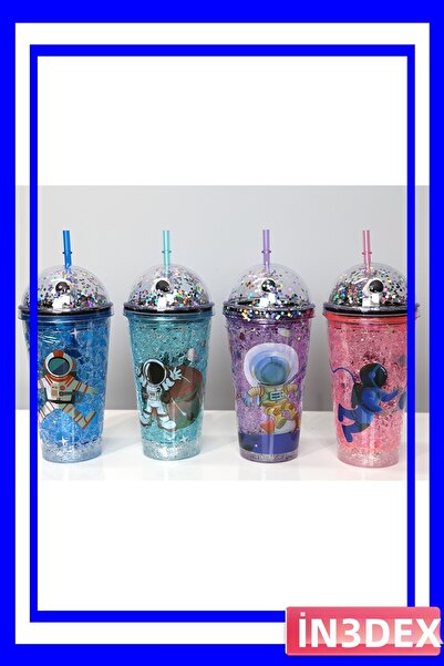 İN3DEX زجاجة مياه مزينة بالترتر مع شفاطة مضيئة سعة 400 مل بتصميم رائد فضاء