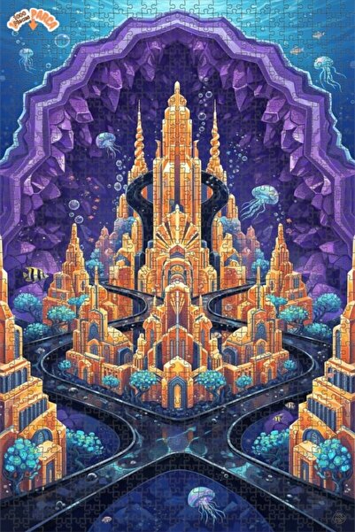 Teona Ahşap Atlantis City Watercolor Look Artwork Double Layer Framed Wooden ...