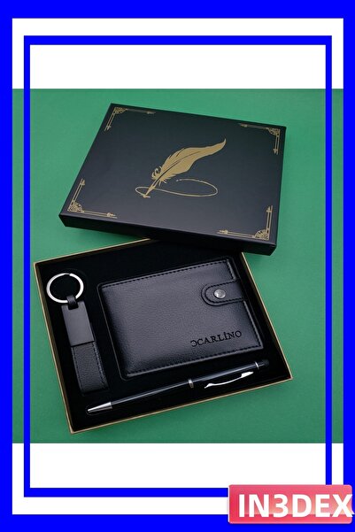 İN3DEX محفظة جلدية سوداء، وسلسلة مفاتيح، ومجموعة أقلام تعمل باللمس