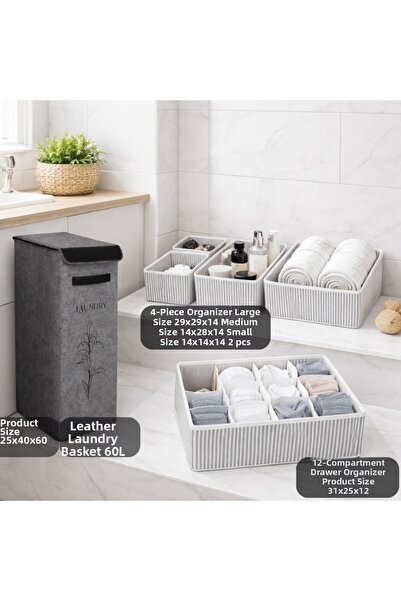 PONÇİK BEBEK Dirty Laundry Basket 60Lt Bathroom Organizer & 4-Compartment Tow...