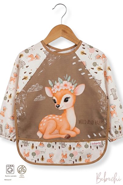 Bebechi مريلة أطفال طويلة الأكمام بنمط الغزال، مقاومة للسوائل، مناسبة للأنشطة...