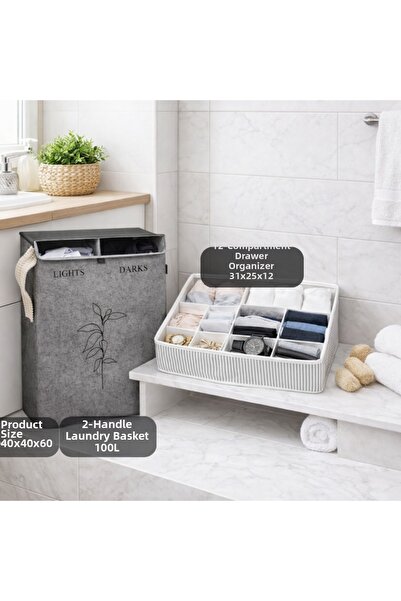 PONÇİK BEBEK Dirty Laundry Basket 2 Compartments 100Lt - Bathroom Drawer Orga...