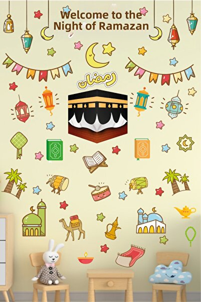 KanvasSepeti Ramadan Bear Figures Glass Wall Sticker Set Ramadan Sticker Rama...