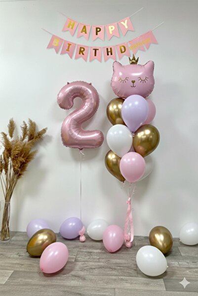 Patladı Gitti 2 Year Old Cat Themed Birthday Balloon Set – Pink Gold Concept