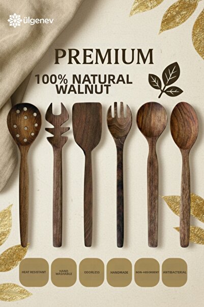 Ülgenev Set of 6 100% Natural Walnut Wood Spoons |   30 cm Spoon Fork Spatula...