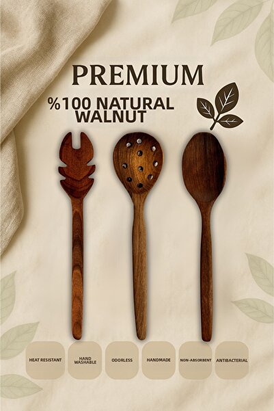 Ülgenev طقم مطبخ خشبي من خشب الجوز الطبيعي 100% مكون من 3 قطع - ملقط، ملعقة، ...