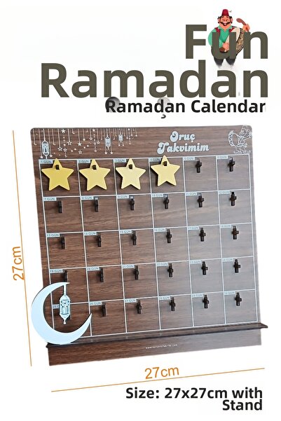 turuncufabrika تقويم رمضان للأطفال - تقويم تعليمي خشبي مزين بالنجوم