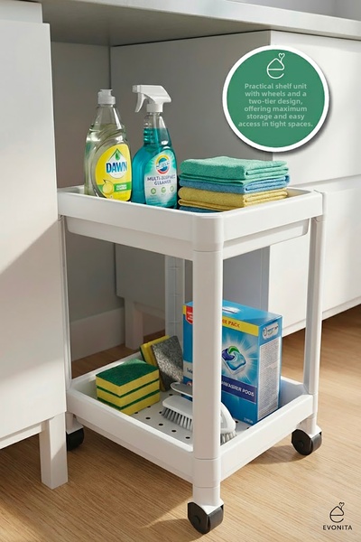 EVONİTA منظم رفوف بطبقتين مع عجلات، منظم صغير 36×23×40 سم، عربة تخزين للحمام ...