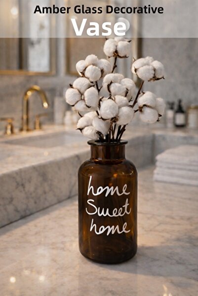 Penthouse مزهرية زجاجية مزخرفة بلون العنبر هوم سويت هوم+هدية زهرة القطن
