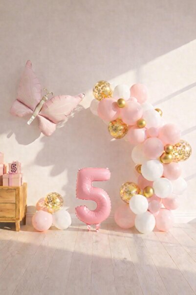 Patladı Gitti Butterfly Themed Pink 5Th Birthday Balloon Set – Pink Gold Ball...