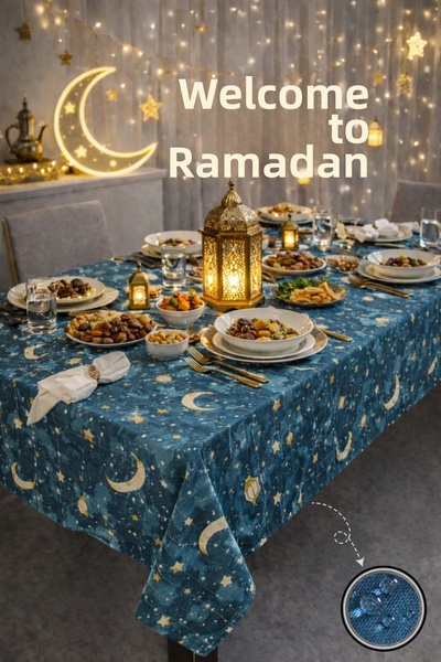 Soft Kare مفرش طاولة رمضان مقاوم للسوائل - مفرش طاولة منقوش مقاوم للبقع وقابل...