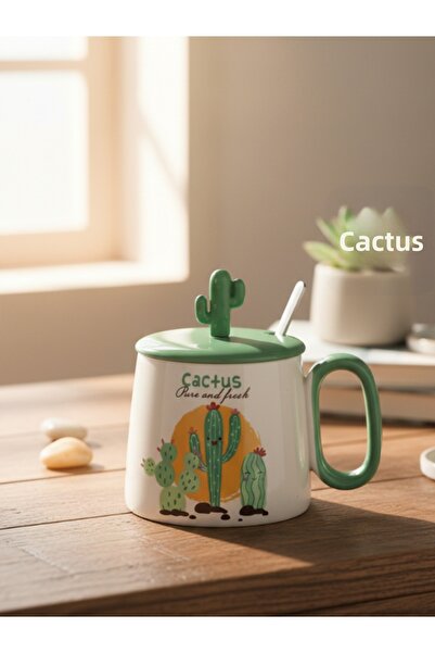 Bam كوب سيراميك لطيف على شكل صبار مع غطاء وملعقة سعة 300 مل