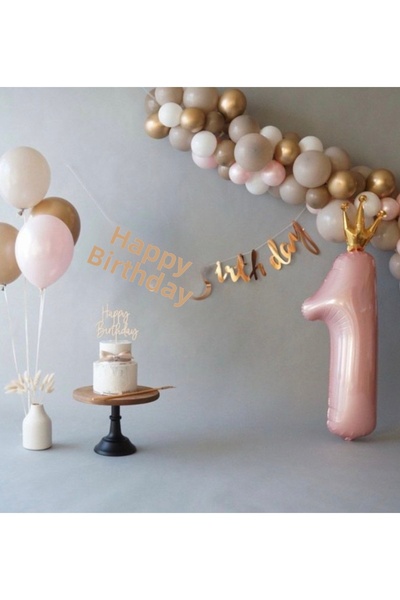Çemrek Süs Parti Beige Pink Gold 1 Year Old Balloon Chain Set 52 Pcs