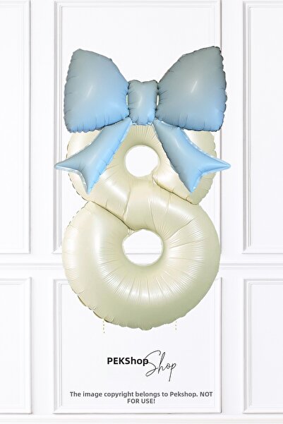 PEKSHOP Blue Bow Balloon Cream 8Th Birthday Balloon Set