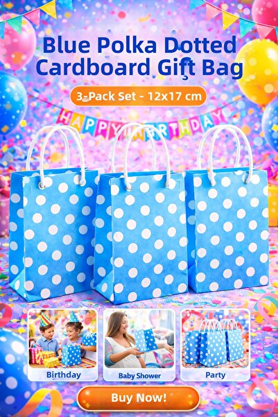OPTİMEX Set de 3 pungi cadou din carton cu buline albastre – 12x17 cm – Compa...
