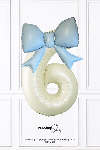 PEKSHOP Blue Bow Balloon Cream 6 Year Old Birthday Balloon Set