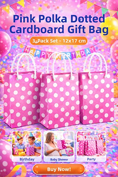 OPTİMEX Set de 3 pungi cadou din carton roz cu buline – 12x17 cm – Compatibil...